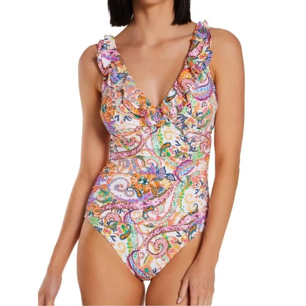 Lauren Ralph Lauren Paisley Ruffle One Piece Swimsuit 8 Boho Chic Tropical